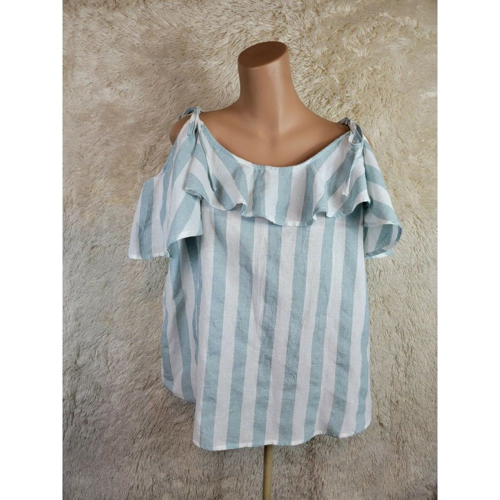 Wishlist Women's Size M Cold Shoulder Top Flutter Sleeve Green Striped Cotton D